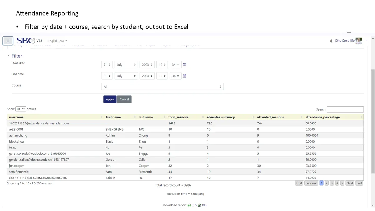 Attendance report output